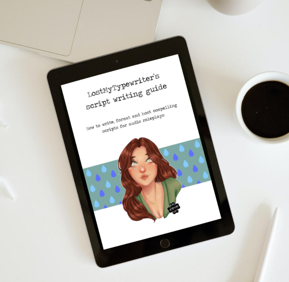 Mockup of the script writing guide PDF opened on an ipad, set on a table with a laptop and a cup of coffee.